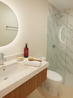 Ducha, toallas, jabón, papel higiénico