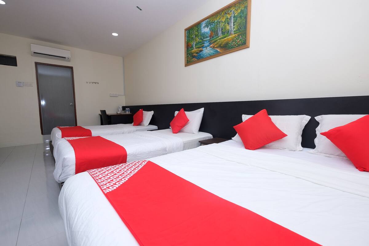 A hotel room with two beds, each with white bedding and red accents, a painting on the wall, and a door with an air conditioning unit.