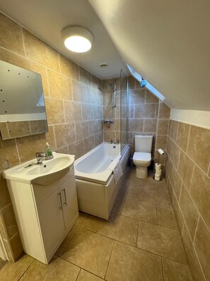 Hair dryer, towels, soap, toilet paper