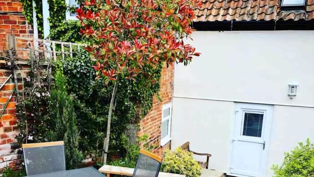Une terrasse extérieure avec une table et des chaises, un petit jardin et un bâtiment blanc doté d’un toit recouvert de tuiles.
