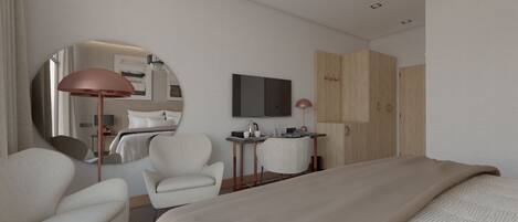 A modern hotel room with a large bed, a round mirror, a desk with a lamp, a TV, and a wardrobe.