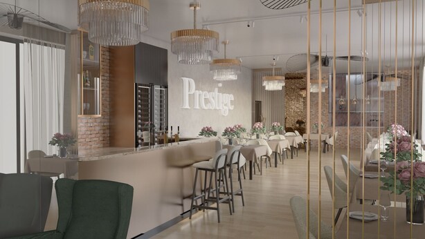 A modern restaurant interior with a bar area, seating, and decorative lighting. - Prestige Hotel (Stalowa Wola)