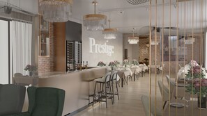 A modern restaurant interior with a bar area, seating, and decorative lighting. - Prestige Hotel (Stalowa Wola)