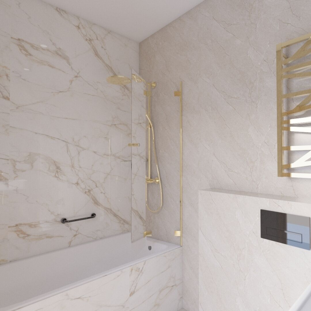 A modern bathroom with a marble wall, a white bathtub, and a gold shower system.