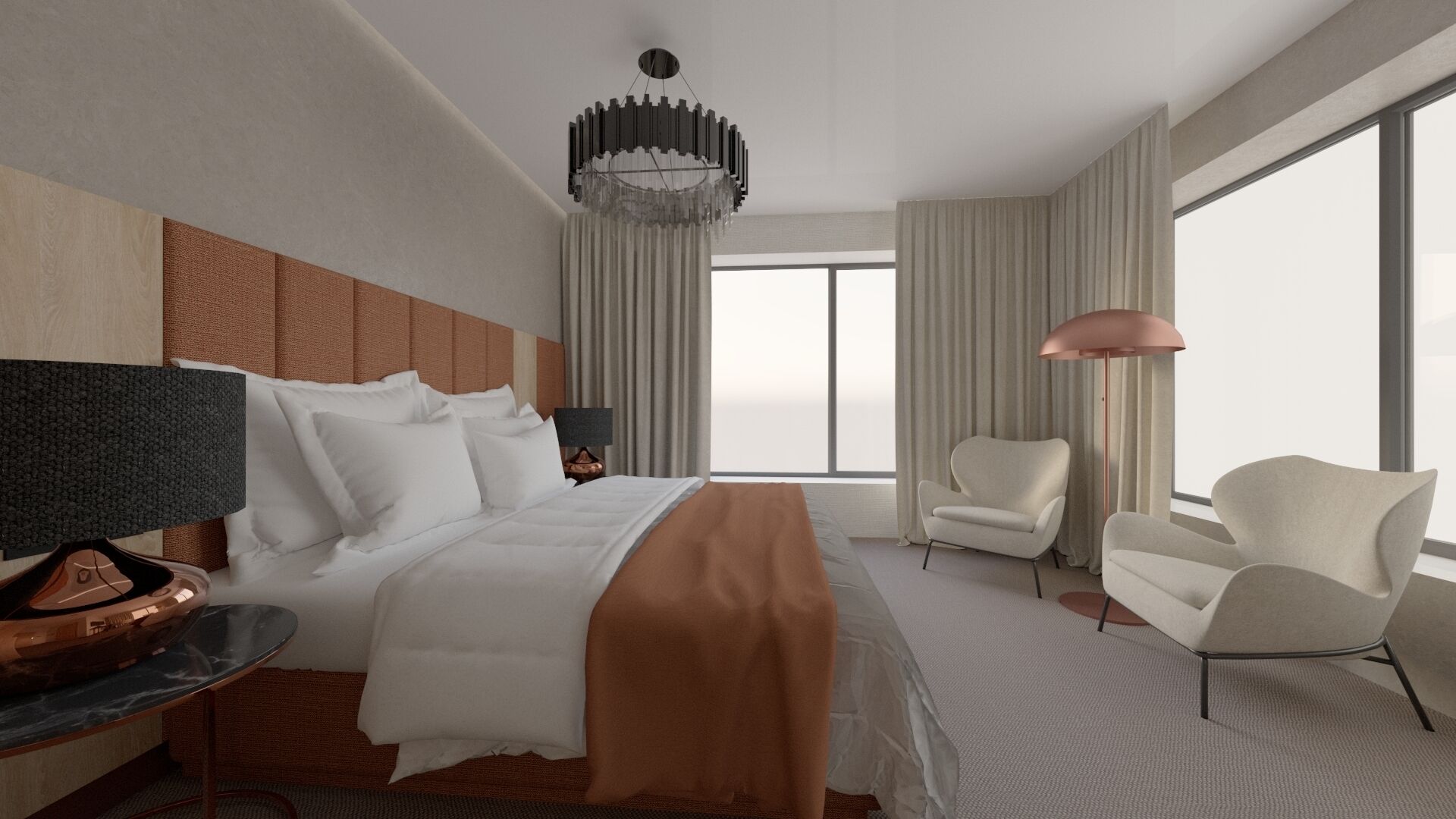 A modern hotel room with a large bed, a desk with a lamp, two chairs, and a large window.