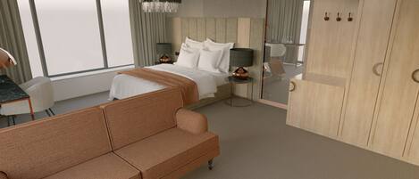 Une chambre d’hôtel moderne équipée d’un grand lit, d’un canapé, d’un bureau et d’une armoire.