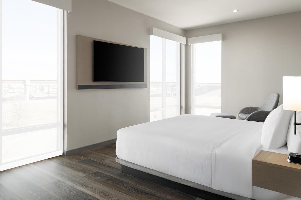 A modern hotel room with a large bed, a flat-screen TV mounted on the wall, a bedside table with a lamp, and large windows offering a city view.