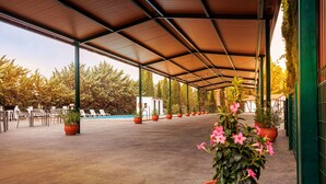 Un espacio al aire libre cubierto con piscina, plantas en macetas y sillones de descanso.