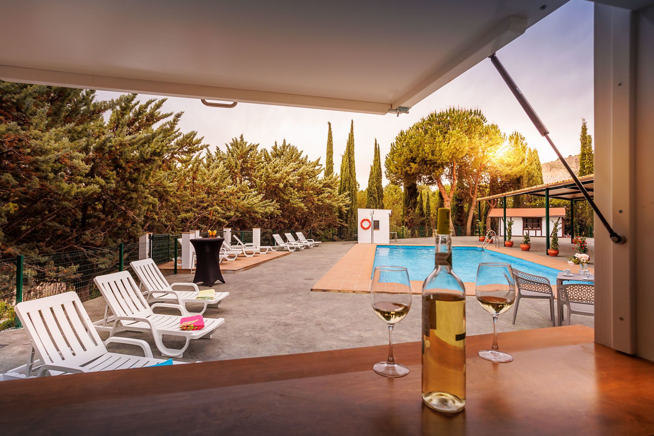 Zona de piscina con sillones, piscina y una mesa con botella y vaso.