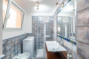 Shower, bidet, towels, shampoo