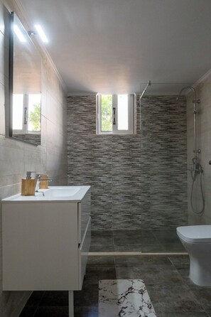 Shower, hair dryer, towels, toilet paper