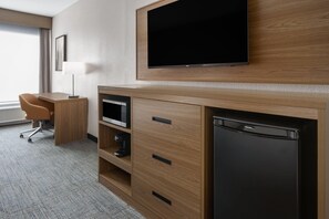 Desk, laptop workspace, blackout curtains, iron/ironing board