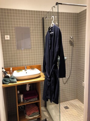 Dusche, Haartrockner, Handtücher, Seife