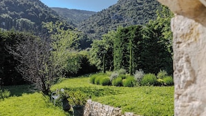 Un paysage verdoyant et luxuriant, avec un mur de pierre et un banc en métal.