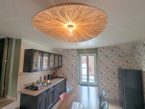 Fridge, microwave, cookware/dishes/utensils