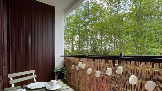 A balcony with a table set for dining, a chair, and a potted plant. - Vacation apartment in Freudenstadt-Kniebis I, Black Forest (Freudenstadt)