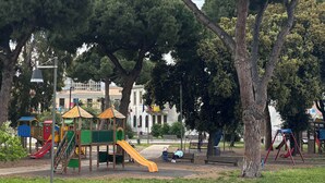 Ein Park mit Spielgeräten, Bänken und großen Bäumen.