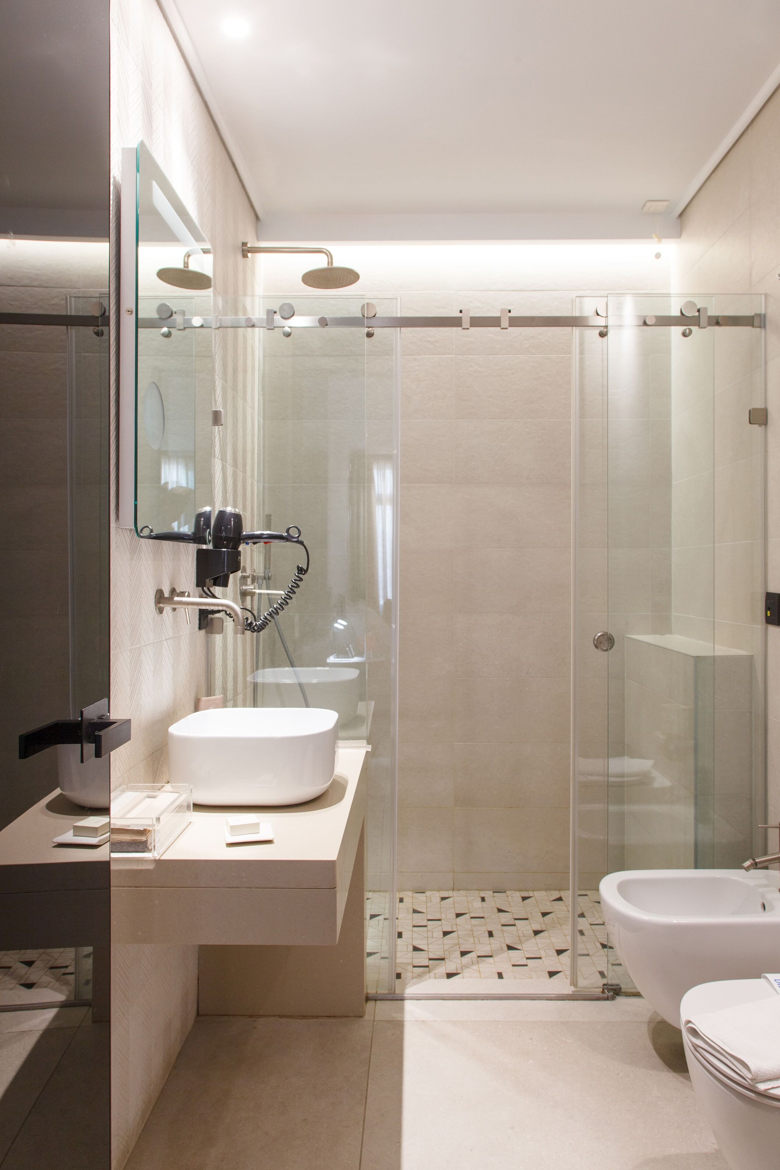 Hair dryer, slippers, towels, soap