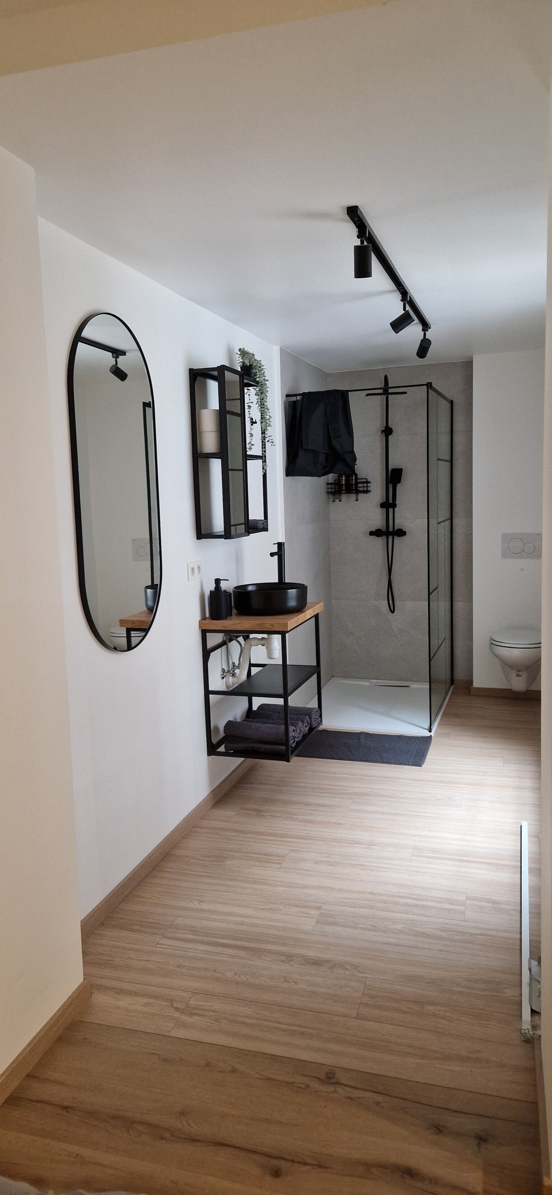 A modern bathroom with a wooden floor, a large mirror, a black shelf with toiletries, and a glass shower enclosure.