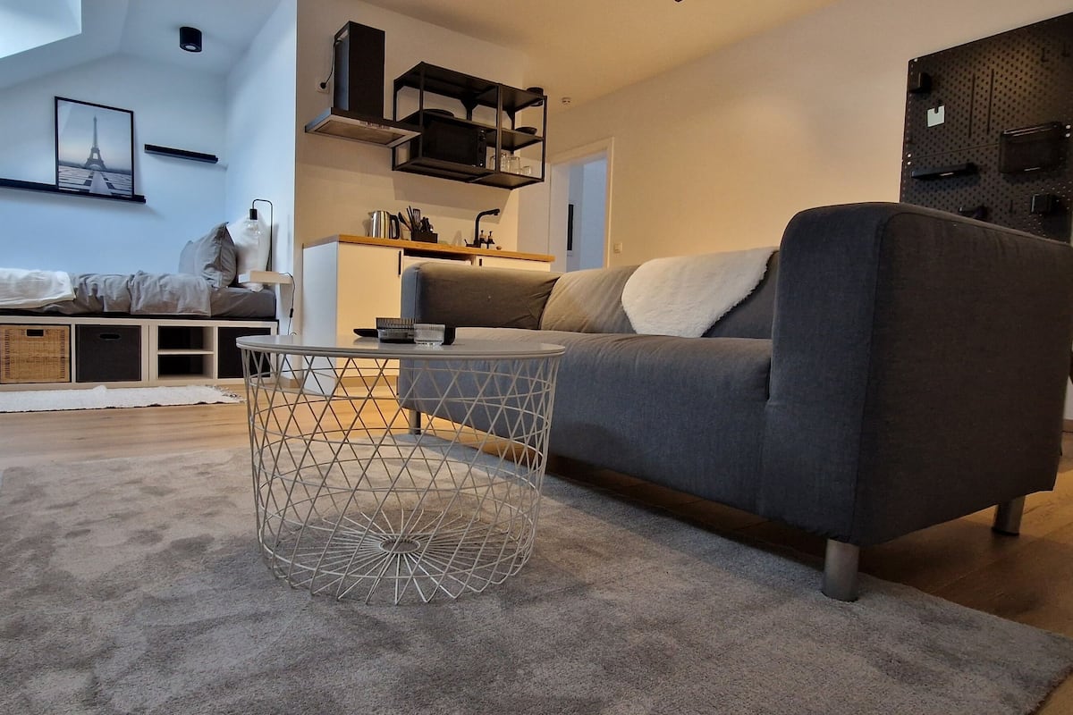 Een moderne woonkamer met een grijze bank, een ronde salontafel en een mand van draad met een geometrisch patroon. Achterin is een hoogslaper met een wit matras en kussens te zien.