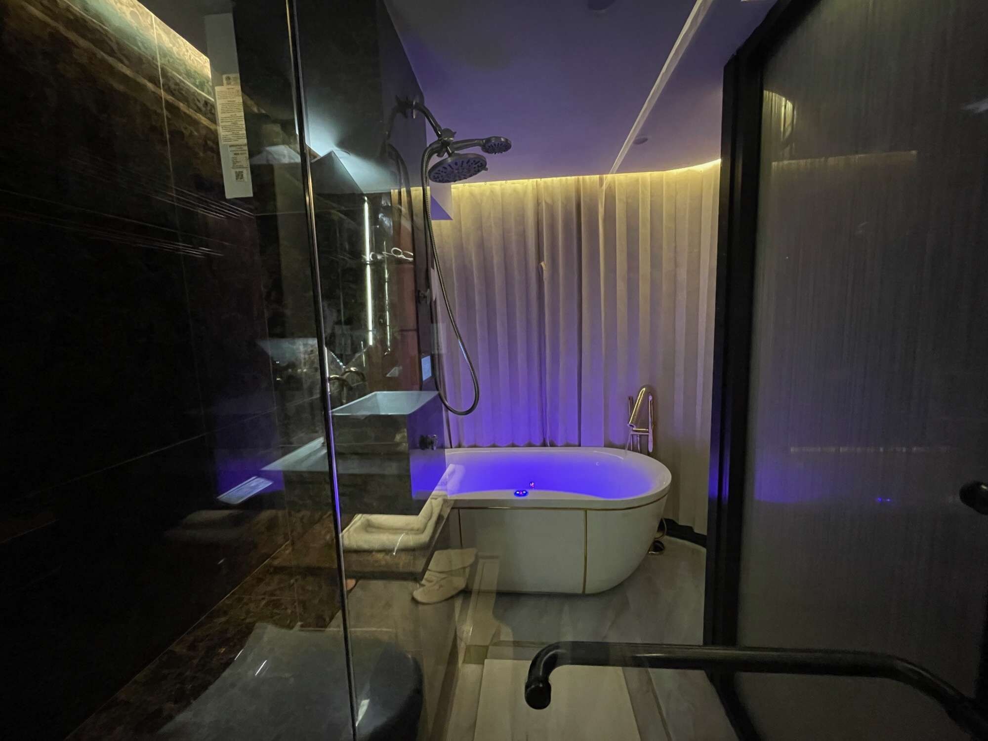 A modern bathroom with a glass shower enclosure, a freestanding bathtub, and a glass door leading to the shower.