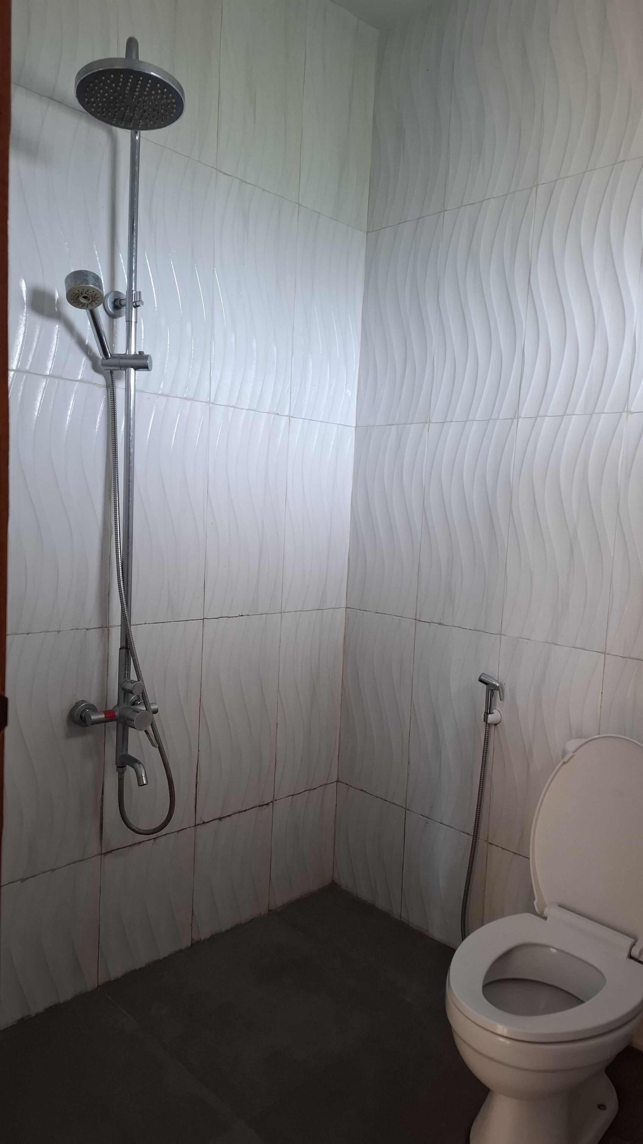 A bathroom with a shower, toilet, and tiled walls.