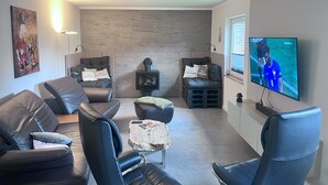 A modern living room with a large flat-screen TV, leather sofas, a coffee table, and a fireplace. - Shed 30 near Hamburg between the seas. Billiards, darts, sauna, very luxurious (Schmalfeld)