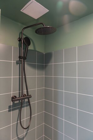 Habitación económica | Baño | Ducha, secador de pelo y toallas