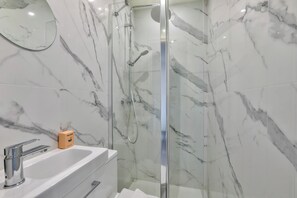 Shower, towels, toilet paper