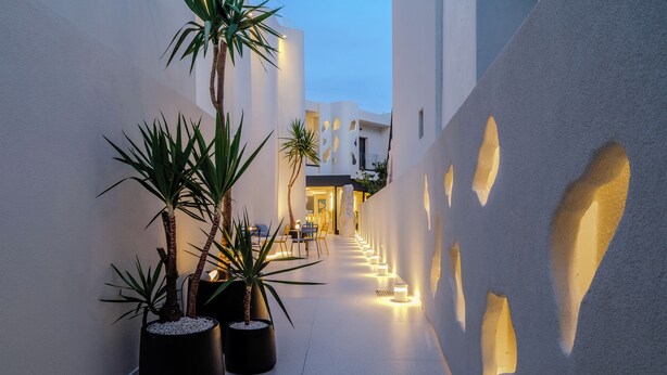Un pasillo estrecho con plantas en macetas, un espacio de descanso y un edificio con detalles arquitectónicos únicos.