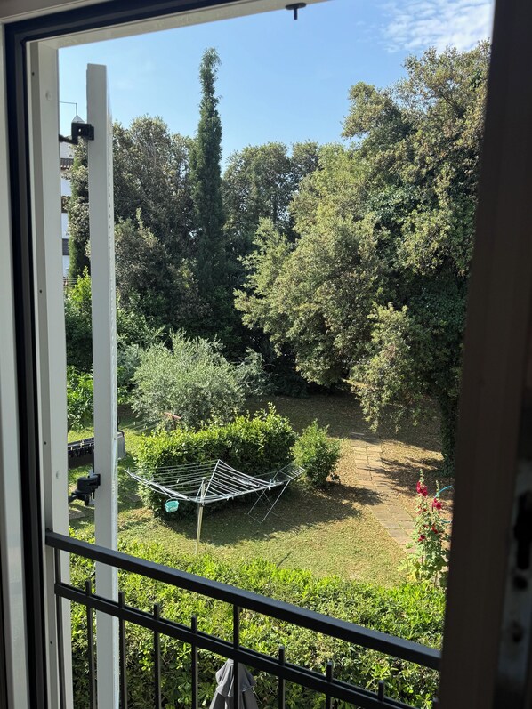 A view from a balcony with a metal railing, overlooking a garden with various plants and a clothes drying rack.
