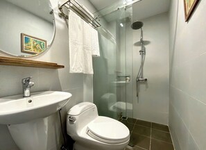 Shower, rainfall showerhead, designer toiletries, hair dryer