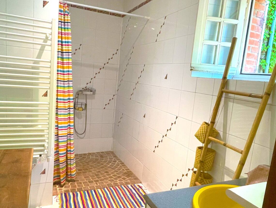 A bathroom with a shower, a window, and a towel rack.