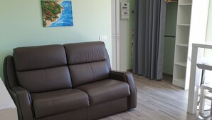 Un soggiorno con un divano marrone, un pavimento in legno, una parete verde e una porta che dà su un armadio.