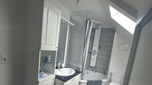 Un baño pequeño con ducha, inodoro y lavamanos.