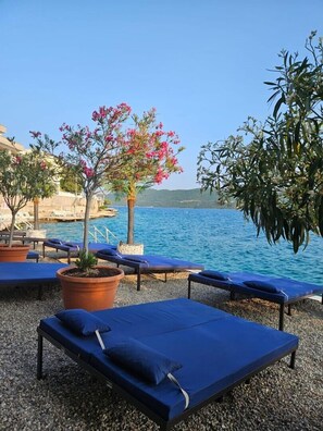 Un espace de détente aménagé au bord de la plage, avec des chaises longues et des plantes en pot, offrant une vue sur une mer calme.