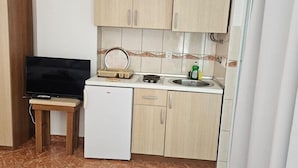 Une cuisine compacte avec des meubles de couleur bois clair, un petit réfrigérateur blanc, un téléviseur posé sur une table en bois et un pare-feu en carreaux.