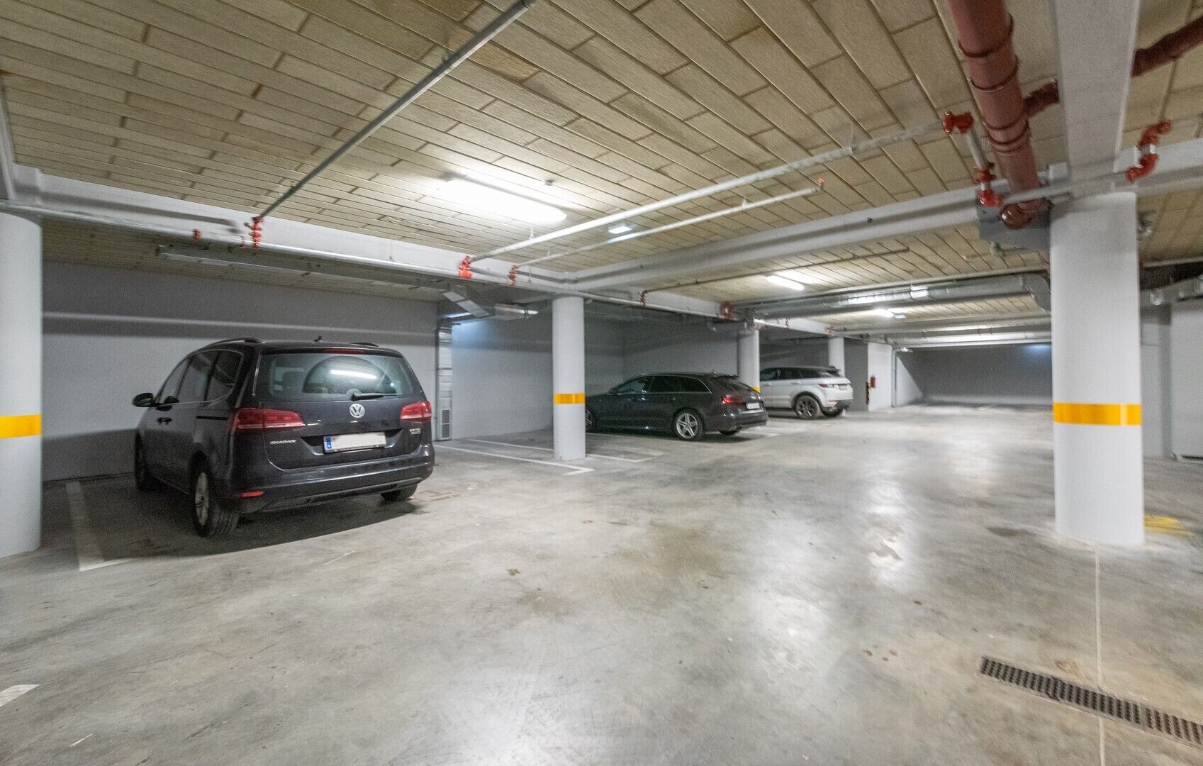 A multi-level parking garage with concrete floors and white pillars, featuring several parked cars.