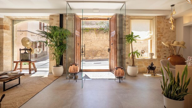 Un interior moderno con entrada de puerta de cristal, plantas en macetas y una pared de piedra rústica.