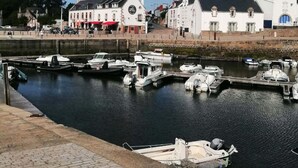 A marina with boats docked, a waterfront promenade, and buildings with traditional architecture.