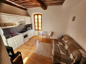 A compact living space with a kitchenette, a dining area, and a sofa.
