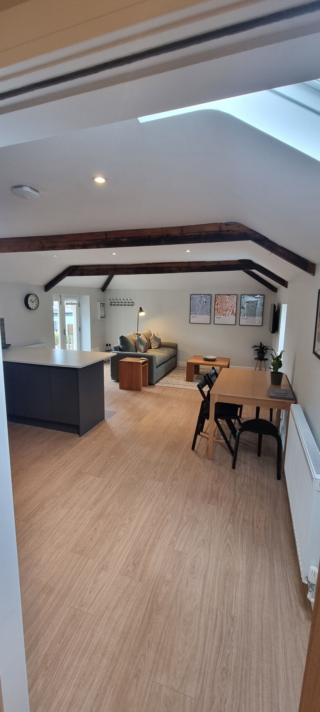 A spacious living area with a wooden floor, a dining table with chairs, a sofa, and a kitchen area with a countertop and cabinets.