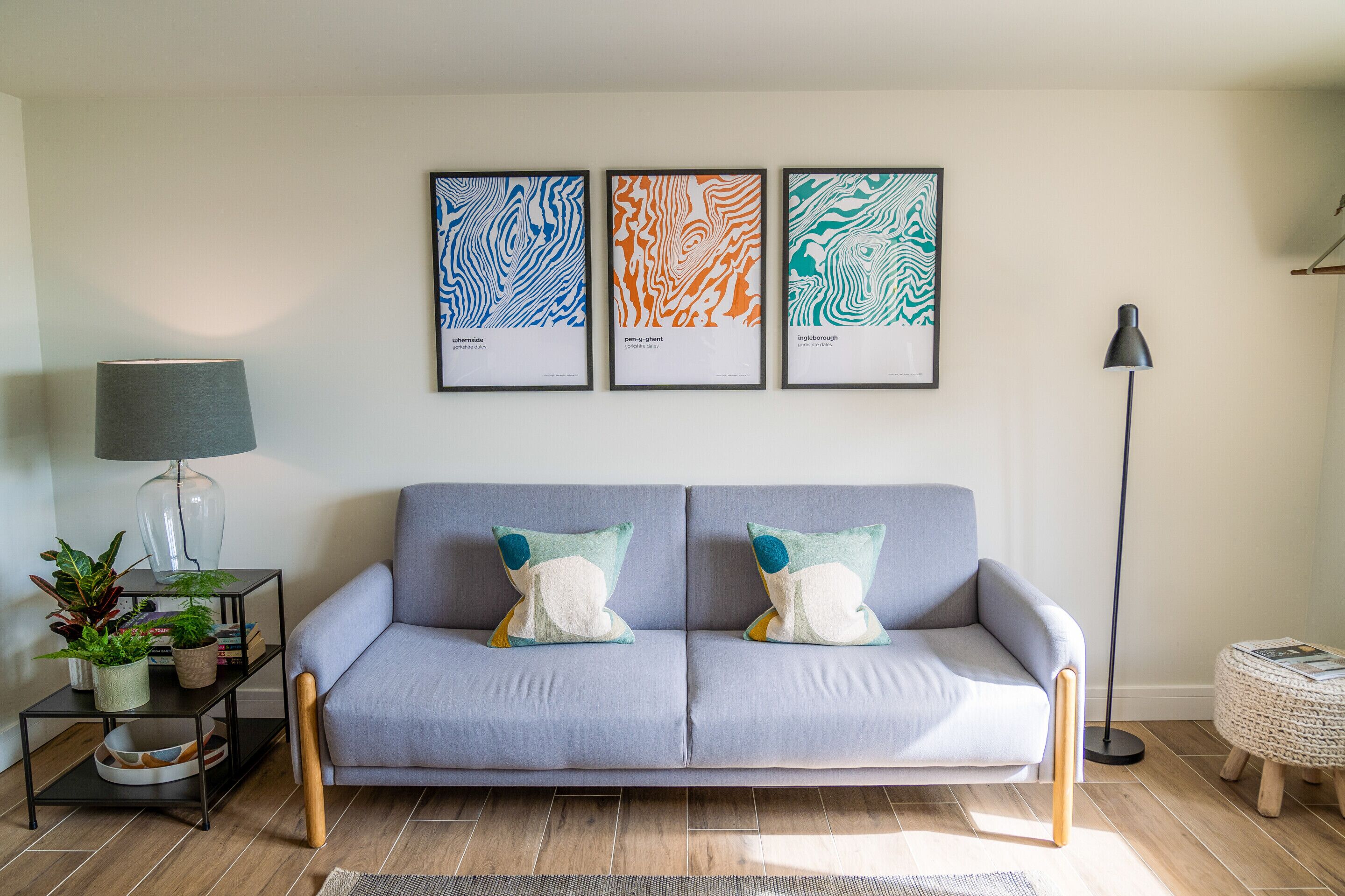 A modern living room with a grey sofa, two decorative pillows, a side table with plants, and three framed abstract artworks on the wall.