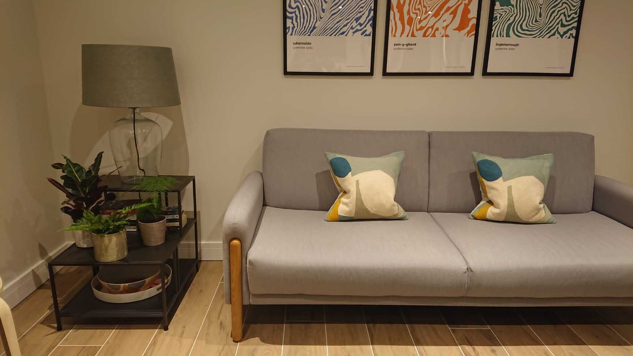 A living room with a grey sofa, two decorative pillows, a black side table with a lamp, and a plant.