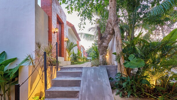 A concrete staircase leading up to a building with a brick facade, surrounded by lush greenery and palm trees.