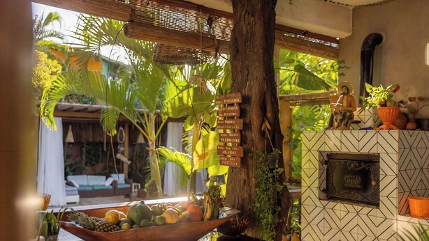 Un entorno tropical con una mesa de madera que sostiene un cuenco de fruta, una planta en maceta y una pared rústica con un horno empotrado.