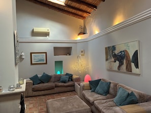 TV connectée, cheminée, livres, chaîne hi-fi