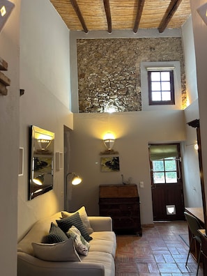 Smart TV, lareira, livros, aparelho de som