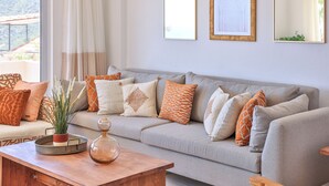 A living room with a grey sofa, patterned cushions, a wooden coffee table, and a potted plant.