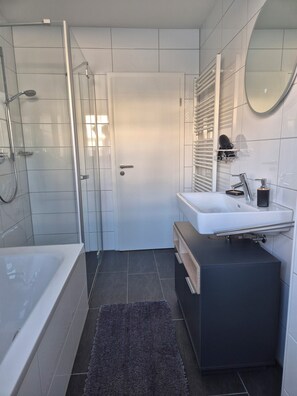 Hair dryer, towels, soap, shampoo